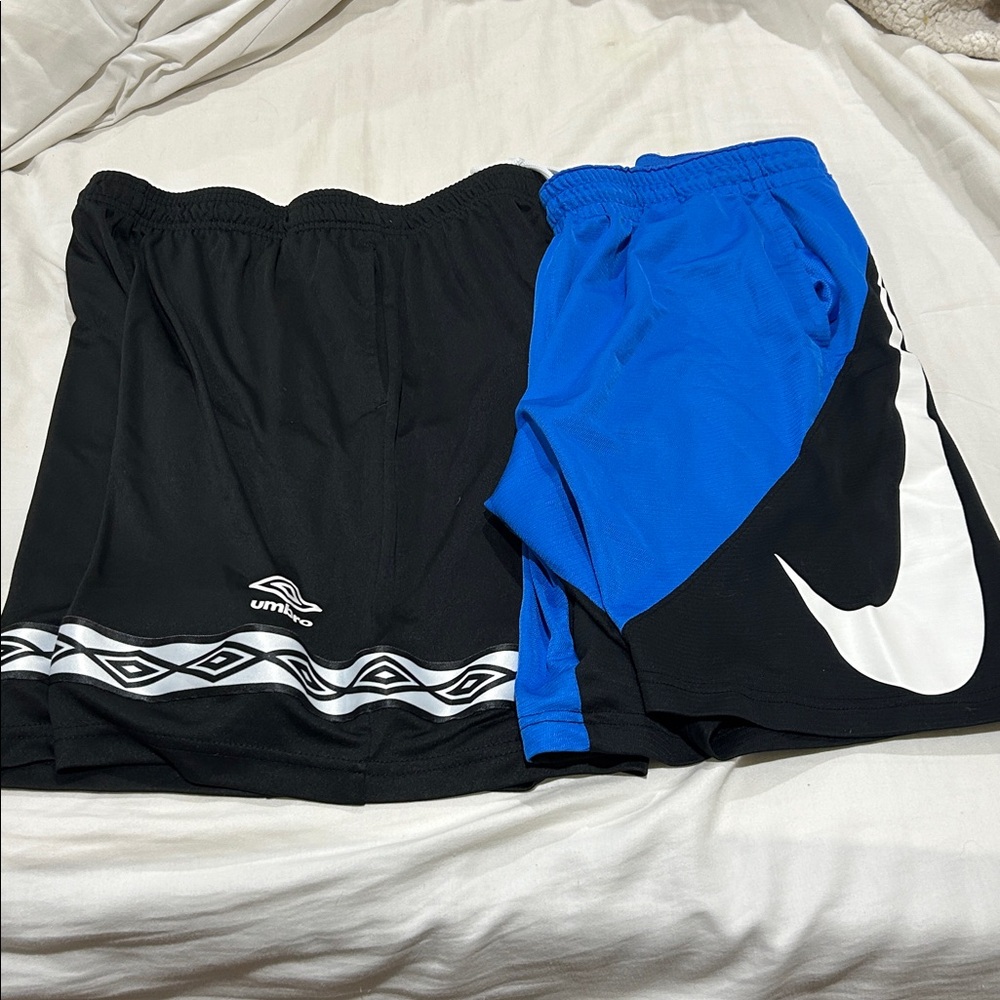 Umbro Black Shorts & Nike blue & black shorts with white - both large w/pockets